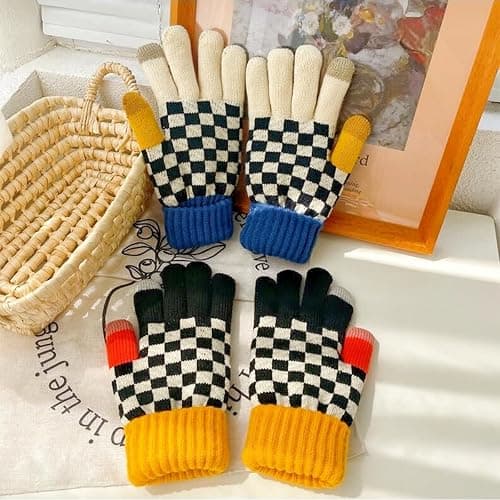 Plaid Winter Gloves with Touch Screen for Women Girls Checkered Double Layer Cold Weather Gloves Thick Thermal Plush Mittens thumbnail 6