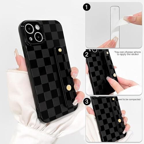 NITITOP Compatible with iPhone 15 Case with Wrist Strap Kickstand Cute Trendy Checkerboard Plaid for Women Girls Slim Fit TPU Silicone Shockproof Full Camera Protective Cover - Black thumbnail 2
