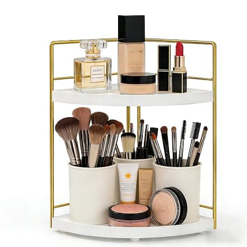 BSTSLL Bathroom Countertop Organizer, 2 Tier Wood Bathroom Counter Organizer, Vanity Organizers Corner Shelf for Makeup, Perfume, Skincare,Bedroom and Kitchen Storage (2 Tier,White and Gold) thumbnail 5