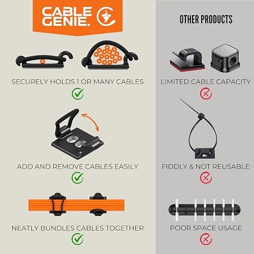 CableGenie [Made in the UK] 10-Pack Adjustable Elastic Adhesive Cable Clips, Wire Management Holder, Cord Organizer for Home Office, Under Desk, Behind TV, Phone Charger, Laptop, PC, HDMI, USB (Black) thumbnail 4