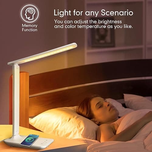 karidi LED Desk Lamp with Wireless Charger, Dimmable Table Lamp Reading Lamp with USB Charging Port, 5 Lighting Modes, Sensitive Control, Foldable Portable Desk Light for Home Office Bedroom Reading - White Pro thumbnail 4