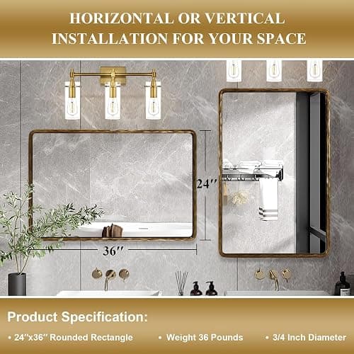 ANDY STAR Hand-Forged Gold Bathroom Mirrors for Wall, 24x36 Inch Vintage Solid Steel Metal Frame Bathroom Vanity Mirror, Antique Rounded Rectangle Wall Mirror, Hangs Horizontally or Vertically thumbnail 3