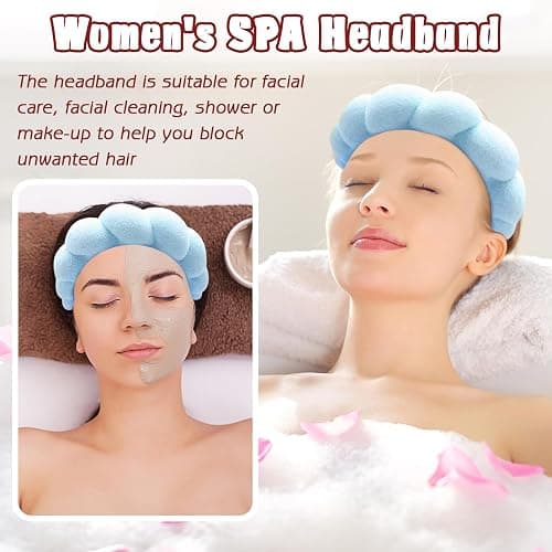 Zkptops Spa Headband for Washing Face Wristband Set Sponge Makeup Skincare Headband Terry Cloth Bubble Soft Get Ready Hairband for Women Girl Puffy Padded Headwear Non Slip Thick Hair Accessory(Blue) thumbnail 3