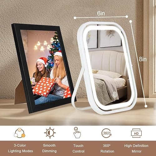 YEKKOPT Travel Makeup Mirror with Lights, Portable Small Beauty LED Vanity Mirror with Lights, 1200mAh Battery, Dimmable Touch Screen, Tabletop Folding Compact Mirror,Women Gift thumbnail 2