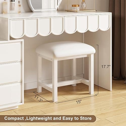 WBKATN White Vanity Stool, Small Vanity Chair, Cute Makeup Bench Seat with Leather Cushioned, Desk Stools for Bedroom, Bathroom, Entryway, Living Room, Office thumbnail 2