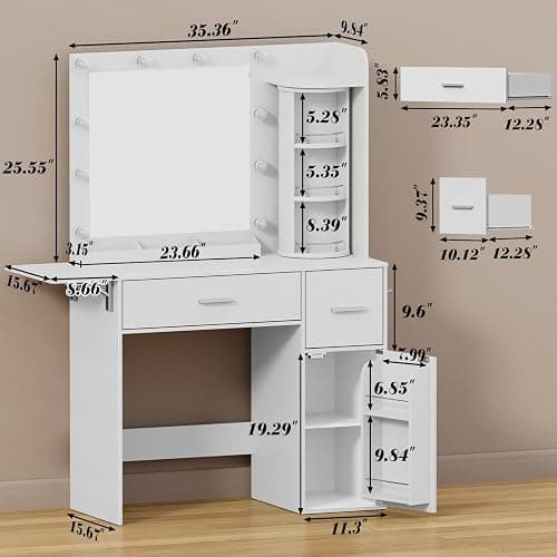 EasyCom Vanity Desk with Rotating Jewelry Organizers, Makeup Vanity with Mirror and Lights, Dressing Table with USB-C Charging Station, 2 Drawers and 1 Cabinets for Bedroom, Dressing Room, White thumbnail 2