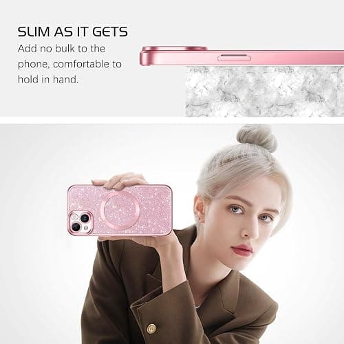 DOMAVER for iPhone 13 Case, Phone Cases with Magnetic [Compatible with MagSafe] Luxury Clear Glitter Bling Sparkly Shockproof Protective Cover Full Camera Lens Protector for Women Girls- Pink - Pink thumbnail 6