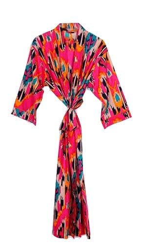Pure 100% Cotton Robe For Womens Bathrobe Dressing Gown Long sleepwear Free Size Kimono - Image 1
