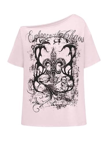 RoseSeek Women's Off The Shoulder Tops Graphic Goth Tee Y2k Vintage Asymmetrical Neck Oversized T Shirts - Image 1