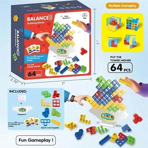 64 Pcs Stacking Tower Game with 22 Cards, Giant Tumble Balance Game for Kids, Family Games for Kids and Adults, Easter Gifts for Teen Boys & Girls, Party Board Game for Kids 6-12 & Adults thumbnail 6