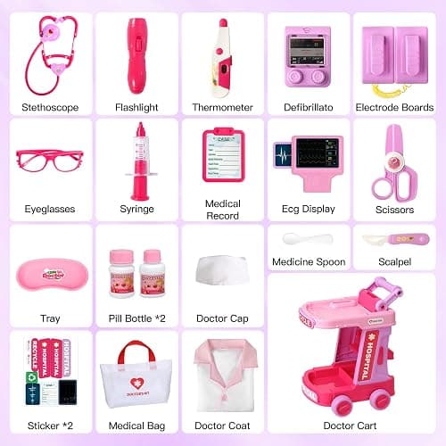 Phobby Doctor Kit for Toddlers Aged 3 4 5, Medical Pretend Play Set for Kids with Bag and Costume, Doctor Cart Toy for Girls Boys Birthday Gift (Pink) thumbnail 8