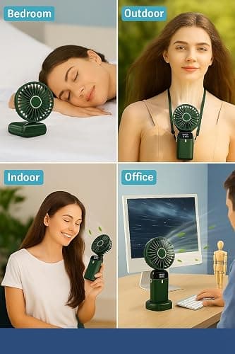 AMPMG LED Digital Display Rechargeable Fan – Portable Handheld & Desk Fan with Adjustable Speeds, USB Charging, Quiet Operation, and Base Stand for Home, Office, Travel and Outdoor Use (Green) thumbnail 5