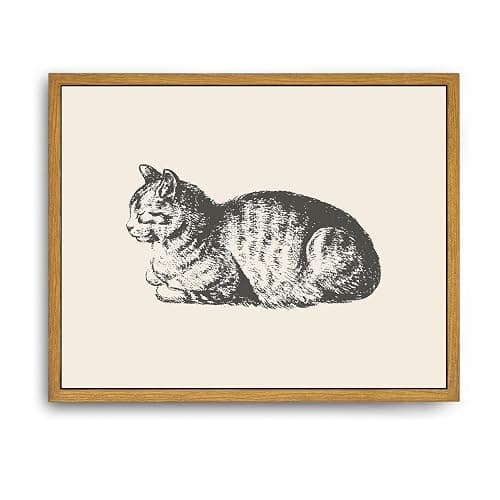 Roslynity Framed Canvas Wall Art Vintage Print Paintings Lying Cat Reclining Boho Animal Catlover Gift Retro Aesthetic Artwork for Home Living Room Bedroom Bathroom Wall Decor (8"x10") - Image 1