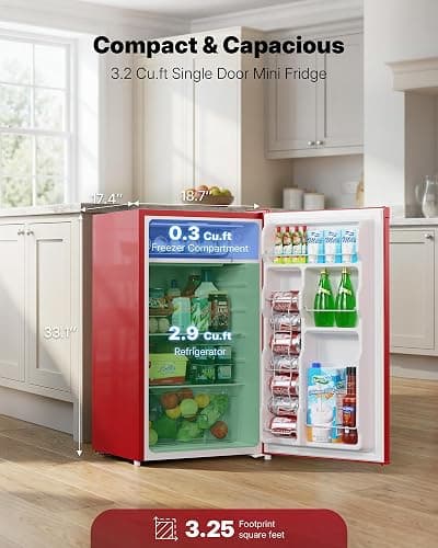 Upstreman 3.2 Cu.Ft Mini Fridge with Freezer, Red-BR321 | Adjustable Thermostat, Energy Saving, Low Noise, Reversible Door, Small Refrigerator for Dorm, Bedroom, Office thumbnail 4