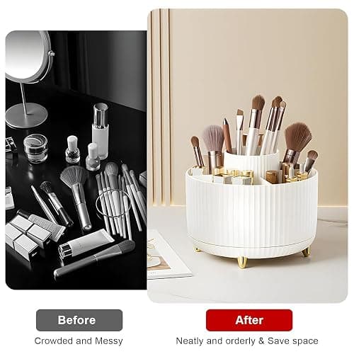 Diesisa Makeup Brush Holder Organizer,360° Rotating Makeup Brush Organizer,5 Slot Make up Brushes Cup for Cosmetics, Nail Polish, Art Supply, Bathroom Vanity Desktop Organizer - White thumbnail 3