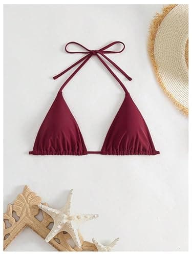 WDIRARA Women's Solid Triangle Bikini Top Sexy Halter String Micro Bathing Suits Tops thumbnail 3