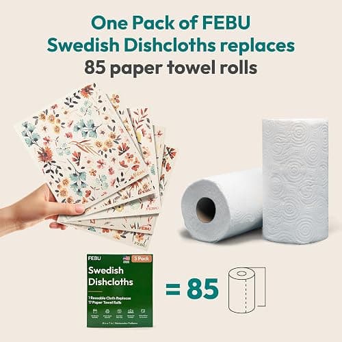 FEBU Swedish Dishcloths for Kitchen | 5 Pack Floral Reusable Paper Towels Washable | Swedish Dish Towels | Non-Scratch Cellulose Sponge Cloths | No Odor, Biodegradable Cleaning Cloths thumbnail 4
