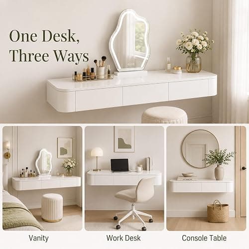 Floating Vanity Desk with Drawers Wall Mounted Makeup Table Space Saving | Fully Assembled with Spacious Storage Drawers, Smooth Glide Operation and Easy Clean Surface(Ivory,23.6") thumbnail 6