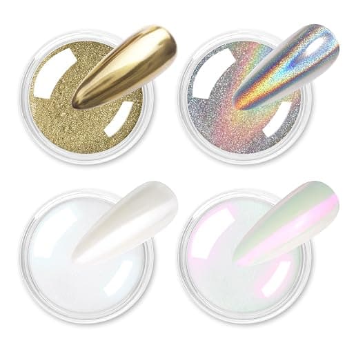Allstarry Chrome Nail Powder 4pcs White Pearl Chrome Pigment Powder Iridescent Holographic Nail Glitter Dust Metallic Mirror Effect Pigment for Nail Gel Manicure DIY at Home Salon Women Gifts - Image 1