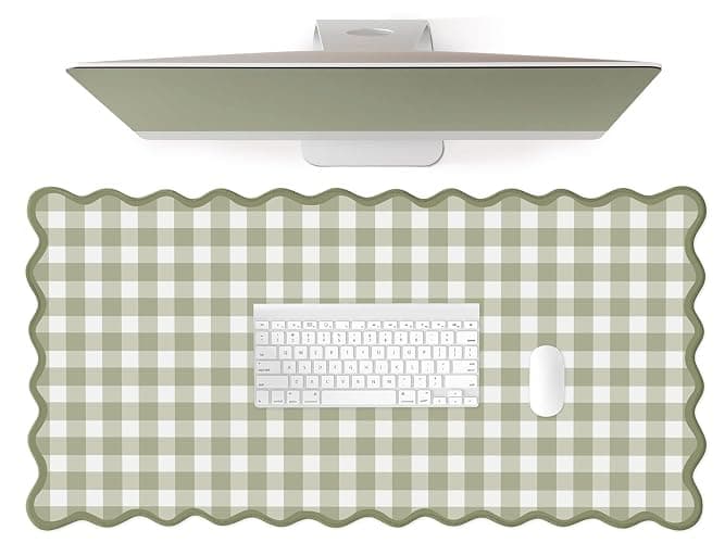 ohisxiacy Scalloped Green Checkered Desk Mat Cute Pastel Large Gaming Mouse Pad Gingham Kawaii Cottagecore Vintage Girly Keyboard Computer Mat Aesthetic Desk Pad Accessories Office Decor for Women - Image 1