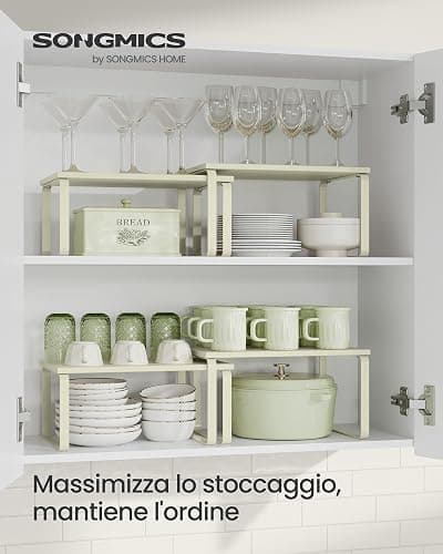 SONGMICS Scaffale Portaspezie, Set di 2 Organizzatori da Cucina Espandibili, Scaffale da Cucina Impilabile, Metallo e Legno Ingegnerizzato, Bianco Crema KCS002W02 thumbnail 4