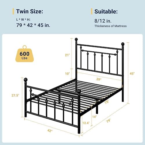 Allewie 14'' Twin Size Metal Platform Bed Frame, Vintage Headboard, Black | 45'' Tall Victorian Headboard/Footboard/Mattress Foundation/Under Bed Storage/No Box Spring Needed/Easy Assembly/Noise Free thumbnail 2