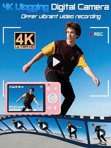 AIRSMIL Digital Camera 4K 64MP 18X Zoom Compact Vlogging Camera with 2.8 inch Screen, 64GB microSD Card 1500mAh Battery HD Digital Video Camera for Boys, Girls, Teens, and Beginners(4K Camera Pink) thumbnail 4