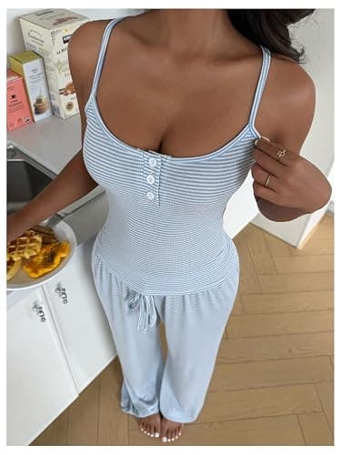 Milumia Women's 2 Piece Pajama Lounge Set Striped Tank and Pants Pj Set | Cute Pjs,Womens Loungewear,Matching Set,Tank Top and Sleep Pants,Casual Suit thumbnail 2