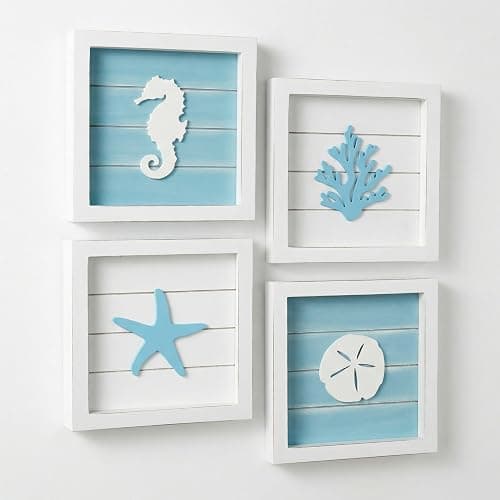 Tide and Tales Coastal Wall Art (Framed Set of 4) Beach Bathroom Wall Decor with Starfish, Seahorse, Sand Dollar and Coral - Ocean Theme Turquoise Room Decor - Seashell Beach Decorations for Home 7" x 7" thumbnail 10