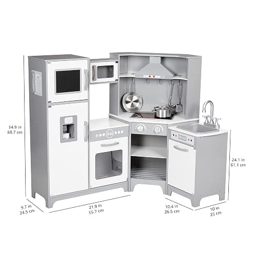 Amazon Basics Kids Corner Wooden Kitchen Toy Playset with Stove, Oven, Sink, Fridge and Accessories, for Toddlers, Preschoolers, Children Age 3+ Years, White & Gray, 39.37"L x 28.35"W x 35.04"H thumbnail 3