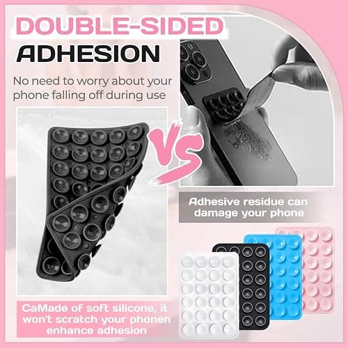 2PCS Silicone Double-Sided Suction Phone Case Mount,Strong Grip Holder Phone Accessories for Smartphones,Hands-Free Mirror Shower Phone Stand for Selfies (Transparent & Pink) thumbnail 6