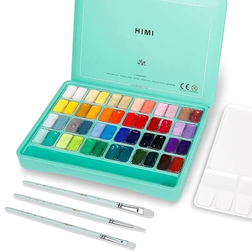 ABEIER HIMI Gouache Paint Set, Twin Cup 48 Colors x 12ml/0.4oz with 3 Brushes & a Palette, Non-Toxic, Jelly Guache Paint for Canvas and Watercolor Paper - Perfect for Beginners, Students, Artists - 48 COLOURS - Image 1