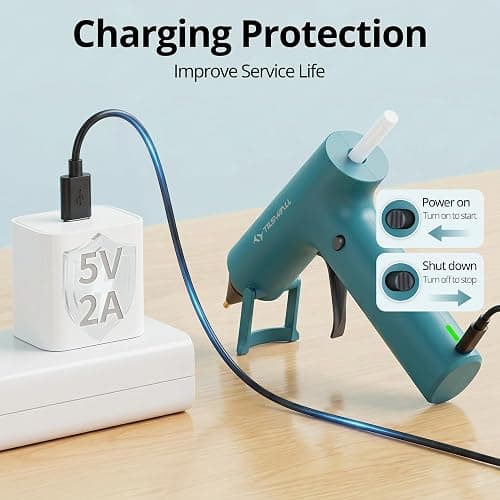 Tilswall Cordless Hot Glue Gun W106s with Rechargeable 2Ah Blue | 90s Fast Preheating, Glue Gun and Sticks Set (7×140mm), 20 Glue Sticks, Compact Ideal for School Crafts, DIY Making, Repairs thumbnail 5