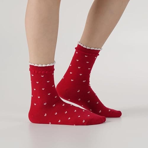Kikiya Women's Cotton Crew Socks - Cute Flower Graphic Polka Dot Striped Heart Patterned - Ladies Girls Casual Socks Size 6-8 thumbnail 2