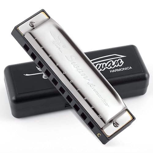 SWAN Blues Harmonica C Key for Kids Adults, 10 Hole Diatonic Harmonica Key of C, Metal Blues Harp for Beginners Students, Mouth Organ in Case, Silver - Image 1