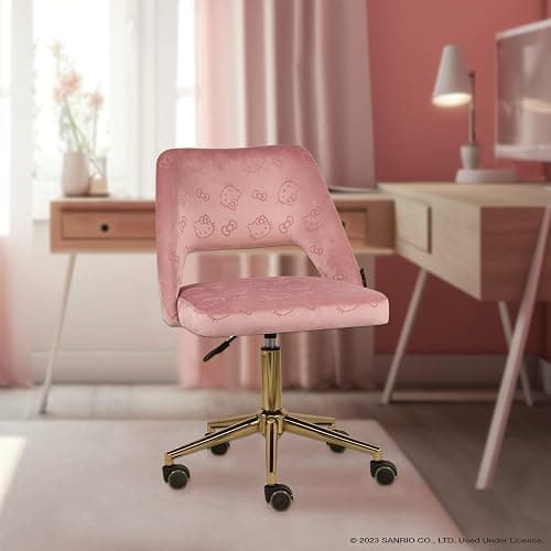 Impressions Vanity Hello Kitty Velvet Vanity Chair with Back, 360 Degrees Swivel Cute Desk Chair with Wheels, Golden Rolling Base Adjustable Height Makeup Chair for Bedroom (Pink) thumbnail 2