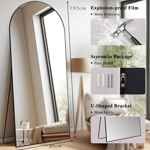 LunaMirror Gewölbter Spiegel Ganzkörperspiegel 192 x 85 cm Stehspiegel Bodenspiegel Groß Standspiegel für Schlafzimmer Wohnzimmer Flur Eingang Wandspiegel Schwarzer thumbnail 3