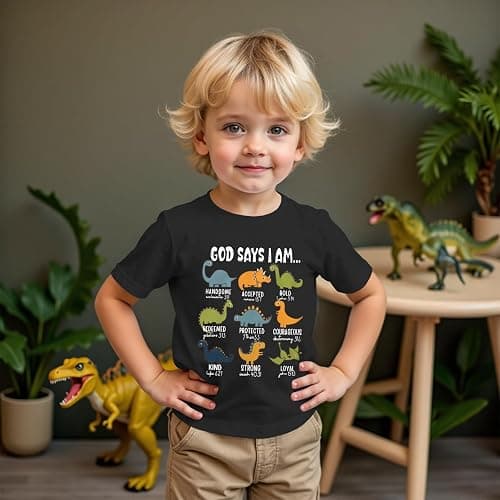 GLIGLITTR Toddler Boy Dinosaur Shirt God Says I Am Bible Verse Dino Religious Tshirt Christian Outfits Baby Short Sleeve Tees thumbnail 2