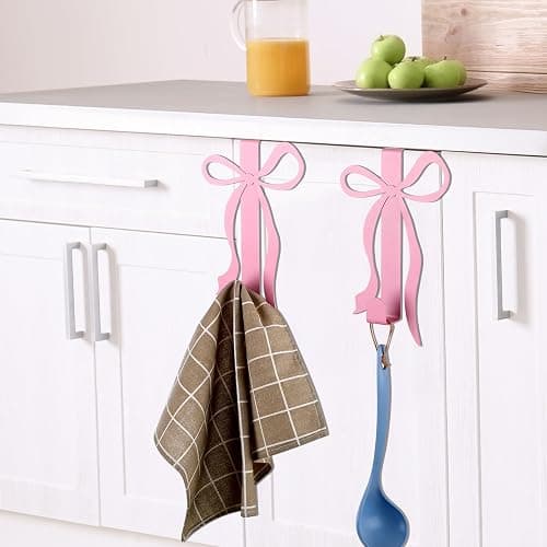 Chunful 2 Pack Pink Bow Over The Door Hook, Metal Strong Door Hanger Hook Coquette Room Decor Bow Accessories for Cabinet Living Room Bathroom Bedroom Kitchen Hanging Clothes Towels Hats Coats Bags thumbnail 5