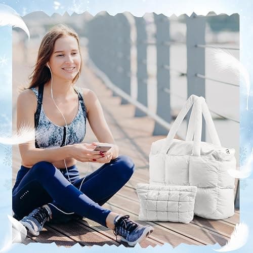 Abbylike Large Puffer Tote Bag for Women Quilted Puffy Handbag with Zipper Lightweight Satchel Purse Bow Gift for Christmas thumbnail 5
