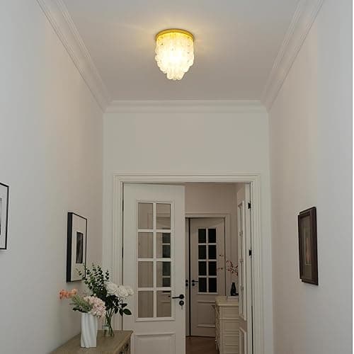 Pathson Modern Shell Ceiling Light Fixture Brass Gold Finish, Hardwired Flush Mount Lighting Includes Bulb, Vintage Capiz Shell Ceiling Chandelier Lamp for Hallway Entryway Living Room Bedroom thumbnail 4