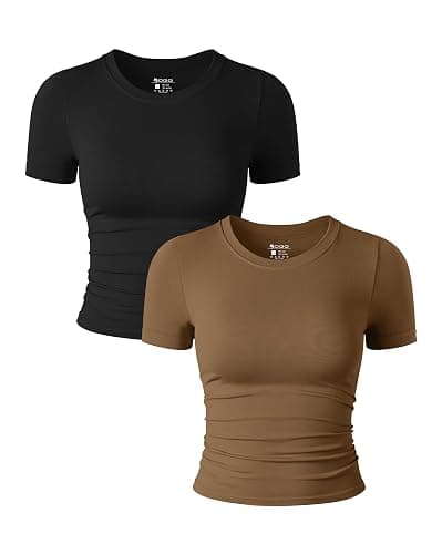 OQQ Womens 2 Piece Shirts Short Sleeve Crew Neck Ruched Stretch Fitted Tee Shirts Crop Tops - Image 1