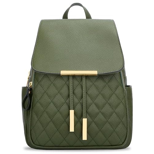 KKXIU Quilted Trendy Leather Backpack Purse for Women and Ladies Shoulder Travel Daypacks Bags (Olive) thumbnail 5