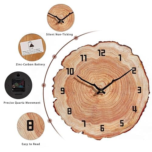 YRUDMBIN Rustic Wall Clock Silent 12 Inch Battery Operated Wooden Home Decor for Bathroom Kitchen Bedroom Living Room,Annual Ring thumbnail 3