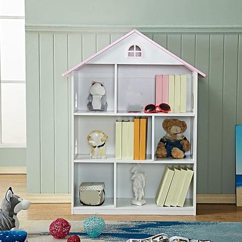 Wooden Dollhouse Bookshelf 4-Tier Kids Bookcase, Toy Storage Organizer & Playhouse with 6 Compartments for Girls Boys, Pink and White Room Furniture for Bedroom Playroom thumbnail 8