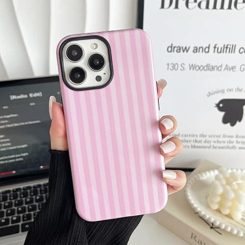 CHEDEMK Compatible with iPhone 16 Pro Case, Cute Fashion Aesthetic Striped Pattern Cover for Women, Shockproof Soft TPU and Hard PC Protective Phone Case for iPhone 16 Pro 6.3"- Pink thumbnail 3