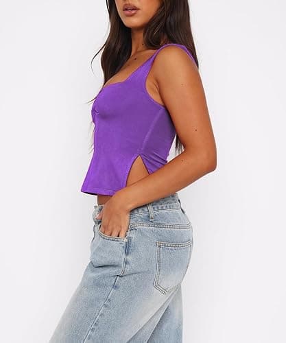ForeFair Women Sleeveless Backless Crop Tank Top Summer Going Out Outfits Cute Pleated Sweetheart Neck Strappy Y2K Slits Tops thumbnail 4