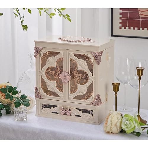 Large Cosmetic Mirror Storage Box with LED Light Cosmetics Organizer Box, Vintage Style Storage Box Dustproof Waterproof Bathroom Counter Storage for Skincare Lipstick Makeup Brushes Gifts(White) - Image 1