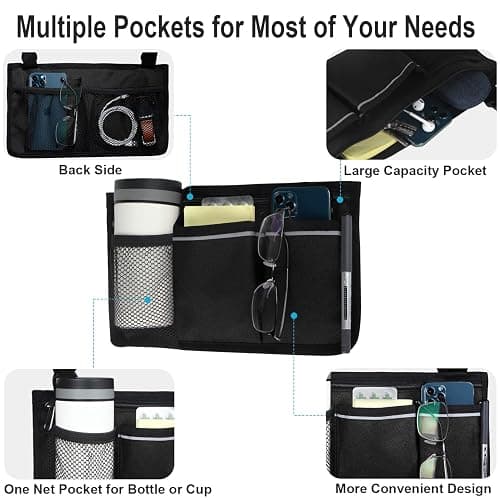 HSGEZUOQI Wheelchair Side Bag, Armrest Storage Pouch with Cup Holder and Reflective Strip Use of Waterproof Fabric for Most Wheelchairs, Walkers or Rollators (Black) thumbnail 4