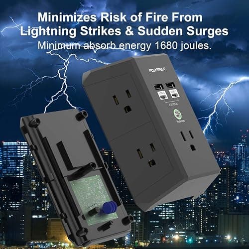 Multi Outlet Extender Surge Protector - POWERIVER Multi Plug Wall Outlet with 5 AC Outlets and 4 USB Ports(2USB C), 1680 Joules, Outlet Splitter for Home School Office, ETL, Black thumbnail 4
